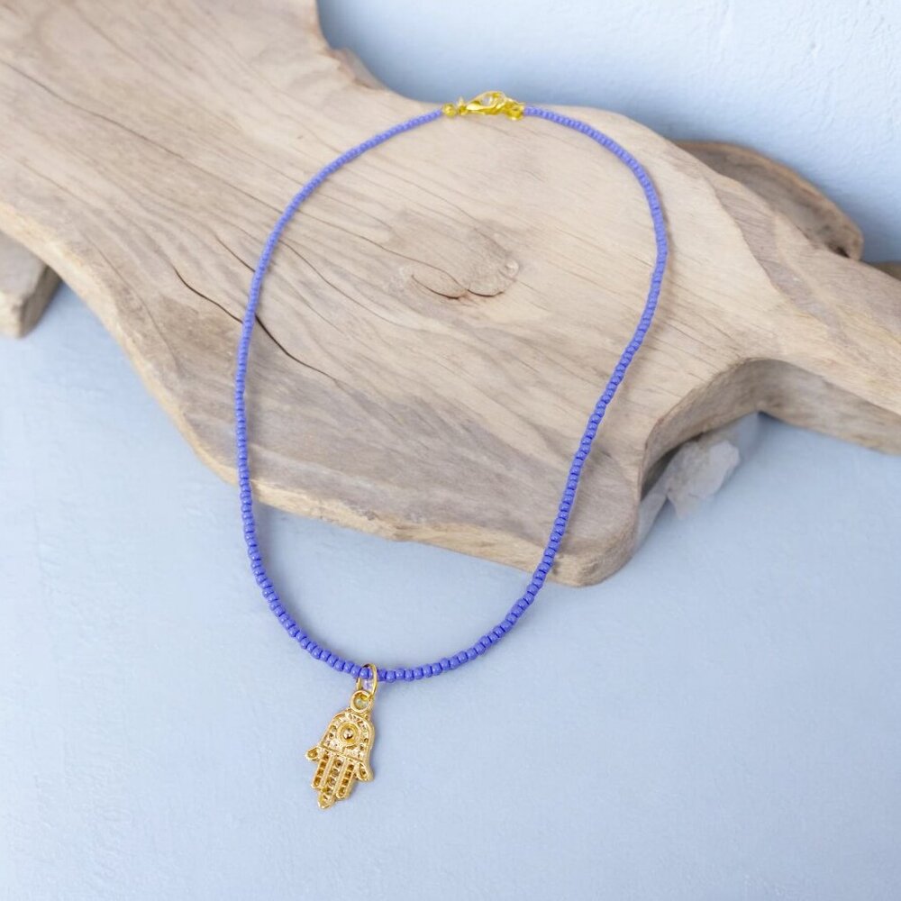 HANDMADE Periwinkle Blue Seed Bead Gold Hamsa Hand Charm Pendant Choker Necklace